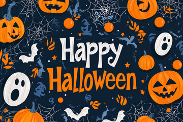 Text "Happy Halloween" surrounded by Halloween-themed decorations and graphics. stock photo.
