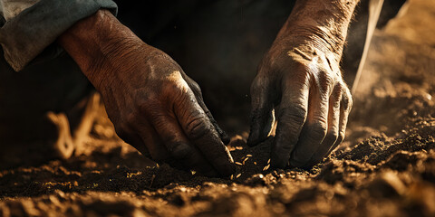 Farmer's Hands: A weathered farmer working the soil, planting seeds for the next harvest.