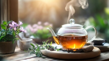 Steaming Glass Teapot with Loose Leaf Tea and Flower on Wooden Table