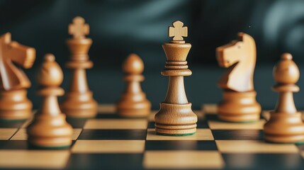 A wooden chess piece is on a black and white checkered board