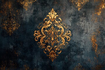 Digital artwork showcasing an ornate, golden filigree pattern against a dark, textured background, blending luxury with a mysterious aesthetic.