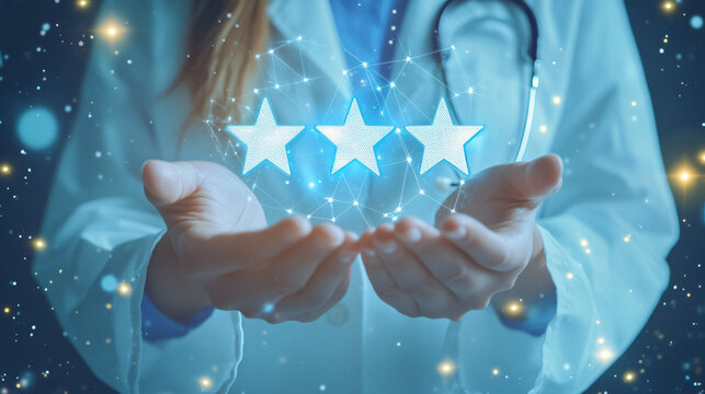 Glowing five star rating symbolizes exceptional healthcare and patient satisfaction, held by a doctor