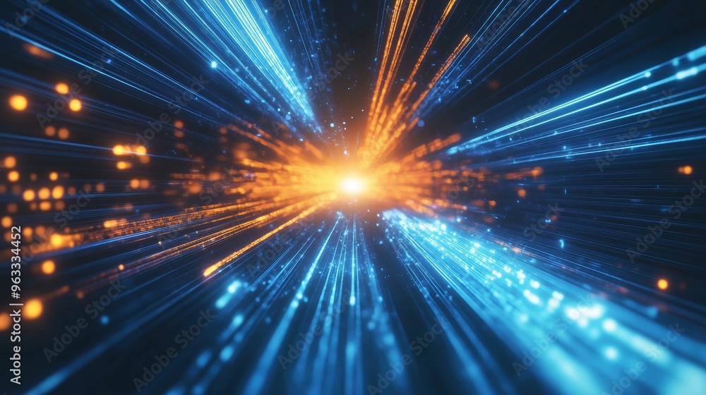 Aufkleber glowing digital technology background featuring blue and orange light rays with abstract lines of co
