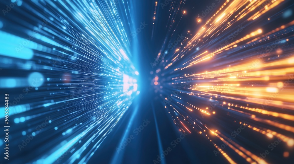 Aufkleber glowing digital technology background featuring blue and orange light rays with abstract lines of co