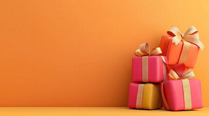 Colorful gift boxes wrapped with ribbons create festive atmosphere against an orange background. Perfect for celebrations!