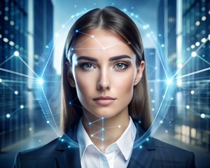 Obraz premium ฆmart technology for face recognition, double exposure. Biometric identification, futuristic cyber security, scanning, and facial detection