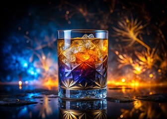 A frosty, crystal-clear tumbler filled to the brim with a kaleidoscope of colorful, layered drinks – icy blue, bright orange, and deep purple – seems to glow with an inner light