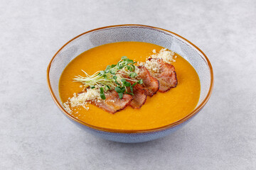 Varieties of soup bowls assorted. Many flavors of soups collection set. mushroom soup, chicken soup, pumpkin soup, shrimp, beef, vegetable, crab. set of various bowls of soups isolated.