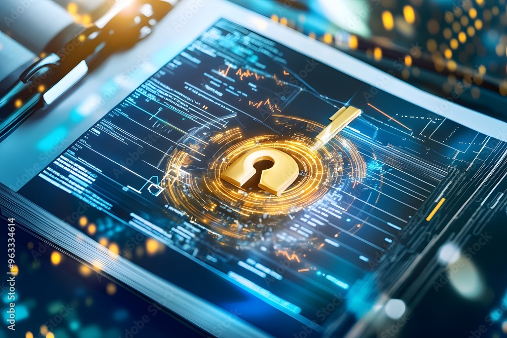 Poster digital security concept - golden key and code