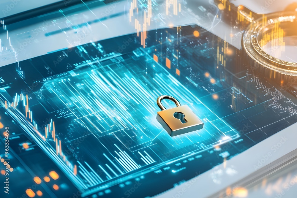 Poster digital security concept with lock icon and data charts.