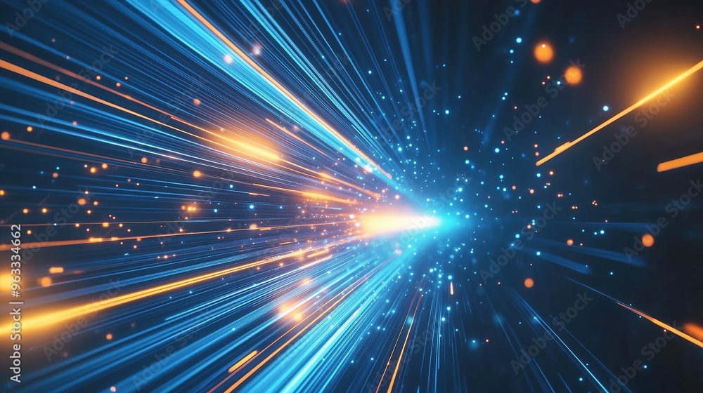 Leinwandbilder Glowing digital technology background featuring blue and orange light rays with abstract lines of code and high-speed motion effects. Futuristic concept for big data analysis, science, and cyberspace,