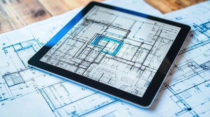 A digital tablet displaying a blueprint of a building, with overlayed construction plans and project notes.