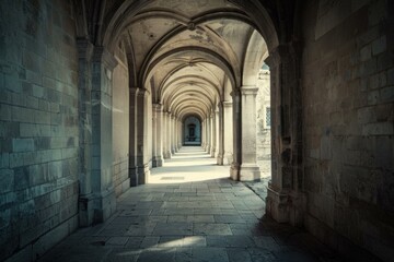 Fototapeta premium Sunlight is illuminating the end of an ancient stone archway corridor