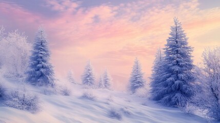 Fototapeta premium Serene winter landscape with snow-covered trees and soft pastel skies, evoking peace and stillness.