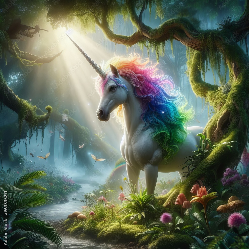 Poster a stunning image of a majestic unicorn with a vibrant rainbow mane, standing in an enchanting, misty