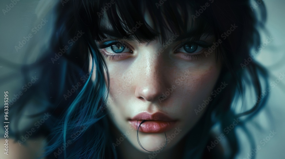 Wall mural portrait of a teenage girl with blue hair and light eyes and freckles