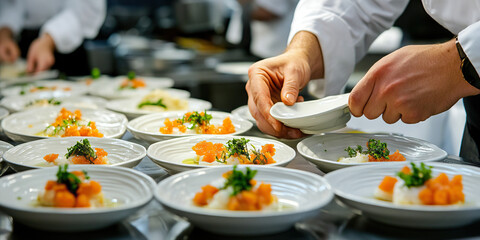 Chef's Creativity: A chef deftly preparing a sumptuous meal, artfully arranging each dish on the plate.