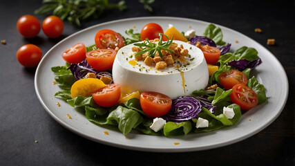 Fresh and colorful salad with vegetables and cheese in a beautifully presented dish on a gray plate.