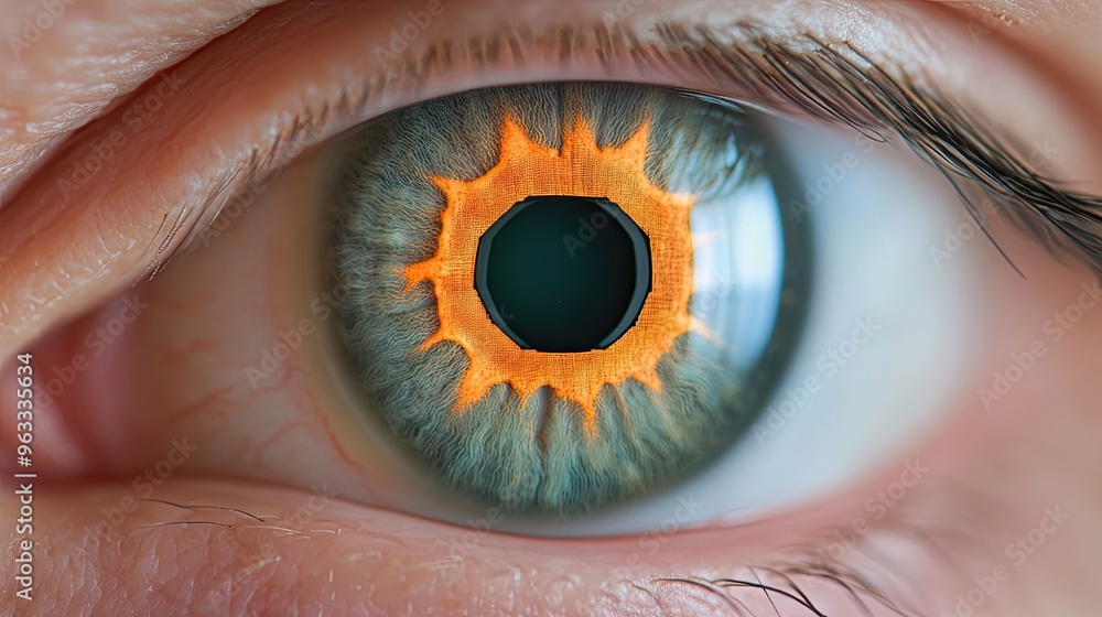 Aufkleber close-up of an eye with a vivid orange design in the iris, showcasing intricate color contrasts and 