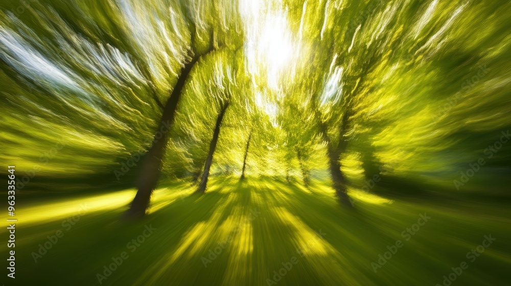 Wall mural blurred trees in the park with sunlight and green leaves, an abstract motion blur background