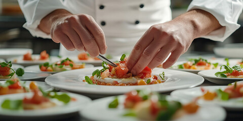Chef's Creativity: A chef deftly preparing a sumptuous meal, artfully arranging each dish on the plate.
