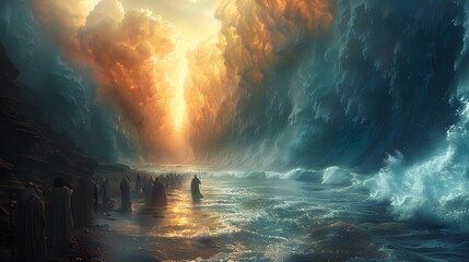 Illustrate the epic scene of Moses raising his staff, commanding the Red Sea to part, forming towering walls of water on either side,