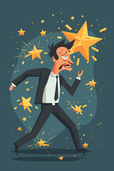 Exhausted Businessman Carrying Shattered Star, Symbolizing Poor Business Reputation and Low Ratings