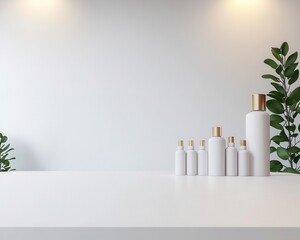 Modern pharmacy store interior with sleek white counters, minimalist design, bright LED lighting, organized, 3D Render