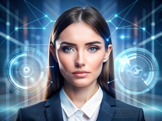 ฆmart technology for face recognition, double exposure. Biometric identification, futuristic cyber security, scanning, and facial detection