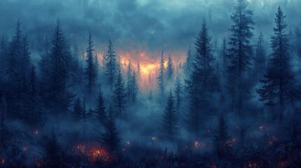 A moody forest scene with a hidden fire.