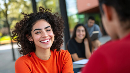 Fototapeta premium portrait of smiling young latina hispanic female college student with peers, university students