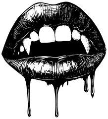 Woman's mouth with vampire teeth and blood dripping in black, isolated 