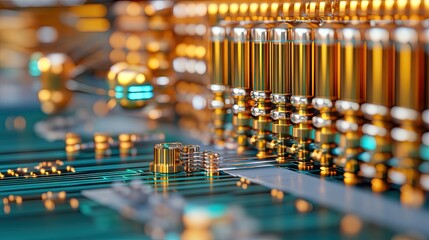 Close-up view of a complex electronic circuit board showcasing intricate components and stunning gold-plated details.