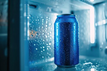 A cold blue aluminum can sits on a shelf in the refrigerator.