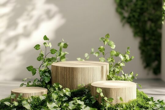 3d Mock up Moss green podium with natural wood textures and leafy vines