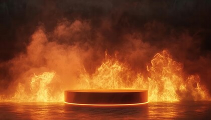 3d Mock up Fiery orange podium with flames and smoke effects