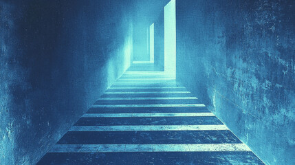 Fototapeta premium A blue, textured hallway leads to a bright light at the end.