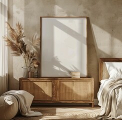 Minimalistic interior scene with a wooden cabinet, blank frame, and soft textiles, featuring neutral colors and natural elements