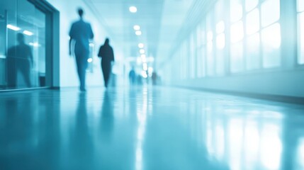 Blurred background of a modern hospital interior with a glass door and white wall, blurred people walking in the corridor, a medical clinic or office architecture concept