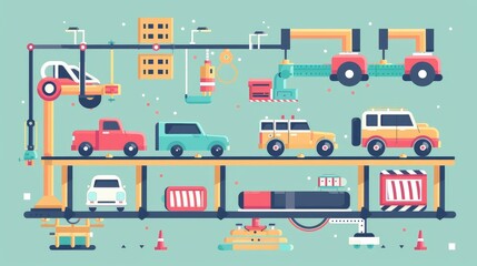 Colorful Vehicle Assembly Line Illustration with Various Cars