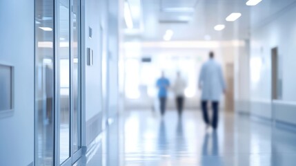 Fototapeta premium Blurred background of a modern hospital interior with a glass door and white wall, blurred people walking in the corridor, a medical clinic or office architecture concept