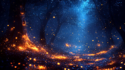 A magical forest path lit by fireflies.