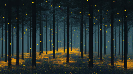 Obraz premium A misty forest glows with fireflies at night.