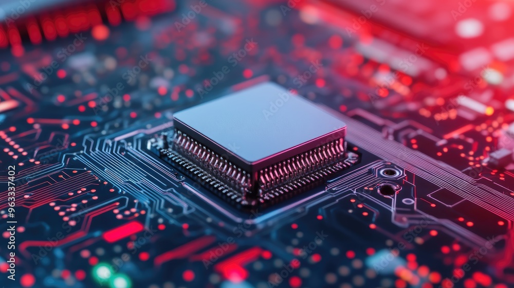 Poster close-up view of a microchip on a circuit board with vibrant red and blue lighting, showcasing moder