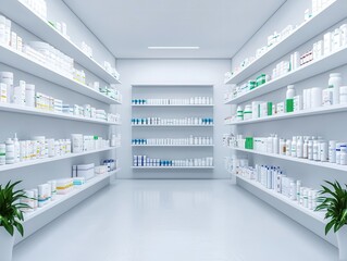 A minimalist pharmacy interior, white walls and shelving, organized product displays, clean and sterile atmosphere, Photorealistic, 3D Render