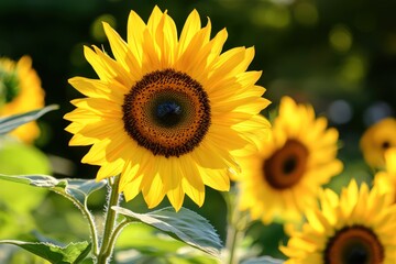 Obraz premium Bright sunflowers, their yellow petals radiating around dark brown centers, set against the backdrop of a sunny field.