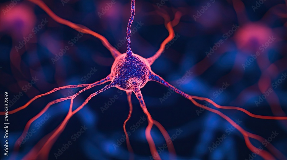 Poster close-up view of a neuron with vibrant colors, showcasing the intricate, interconnected structure of