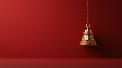 Obraz premium A beautiful golden bell hangs against rich red background, symbolizing celebration and rituals. Perfect for Diwali or festive occasions.
