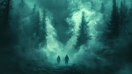 Two figures walk through a mystical forest shrouded in swirling fog.