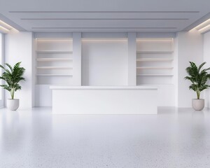 Sleek white pharmacy with minimalist design, clean counters, bright lighting, and organized shelves, Modern, 3D Render